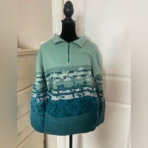 Vintage Teal and Blue Floral Fleece Zip-Up Sweater